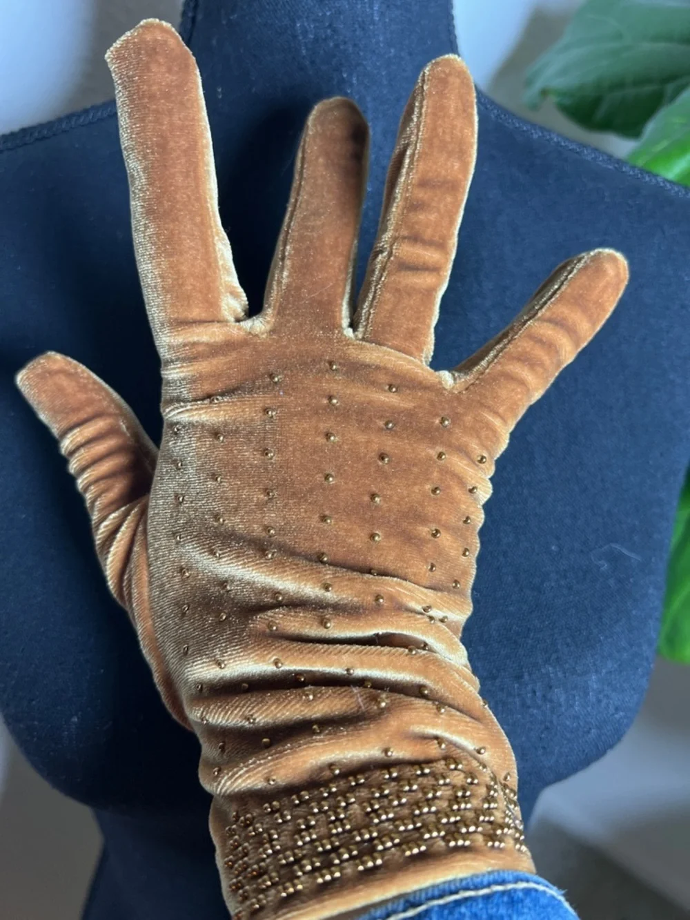 Women’s Cognac Velvet Embellished Hand Beaded Gloves NEW One Size Elegant